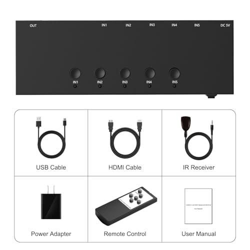 5 Way HDMI Switch 4k@60Hz HDMI Switcher 5 in 1 Out HDCP 2.0 Manual HDMI 2.0 Hub Supports 3D Compatible with Nintendo Switch/Switch OLED/Xbox/ PS5/4/3 Blu-Ray Player Fire Stick Roku Apple TV Chromeca - size: HDMI Switch 5 Port 4K