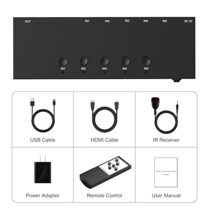 5 Way HDMI Switch 4k@60Hz HDMI Switcher 5 in 1 Out HDCP 2.0 Manual HDMI 2.0 Hub Supports 3D Compatible with Nintendo Switch/Switch OLED/Xbox/ PS5/4/3 Blu-Ray Player Fire Stick Roku Apple TV Chromeca - size: HDMI Switch 5 Port 4K