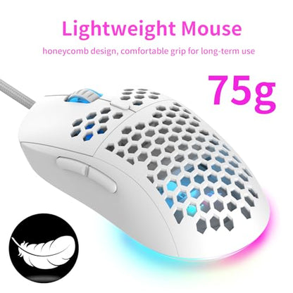 MR.FOX M1 Ultralight Honeycomb Gaming Mouse Wired, 75g Lightweight, 12,800 DPI Optical Sensor, RGB Lighting with Music Sync, 6 Programmable Buttons, Braided Cable, Gaming Mouse for PC/Mac, White - color: White