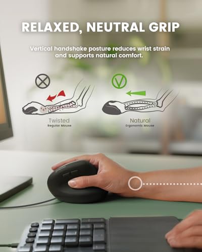 Perixx PERIMICE-508II Wired Vertical Ergonomic Mouse - 6 Buttons, Adjustable DPI 1000/1600/3200/6400, Optical Sensor, USB Plug and Play, Right-Handed, Black - style: Wired