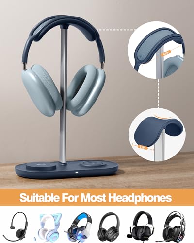 HiWe Headphone Stand, 2-in-1 MagSafe Wireless Charger for iPhone/iWatch | Headset Holder for All Headphones, Aluminum Alloy Bar, ABS Solid Base, PU Headrest, Table Desk Organizer - color: Blue