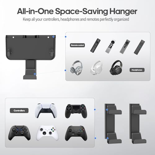 Controller & Headset & Remote Holder Wall Mount with No Drill, 2 Packs Gaming 4 Controllers Hanger Hook Mount for PS5/PS4/XBOX/Switch, Headphone Stand & Remote Control Holer Wall Shelf with Adhesives - size: 3 Packs