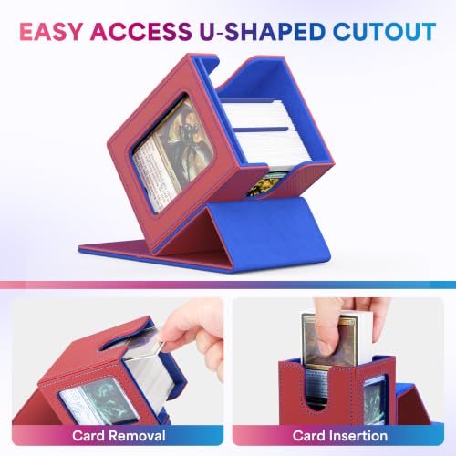 UAONO Card Deck Box for MTG Commander, Fits 100 Double-Sleeved Cards | Independent Commander Display, Magnetic Deck Case for Magic the Gathering TCG, 2 Dividers & 1 Top Loader (Red/Blue) - color: A-Red&Blue