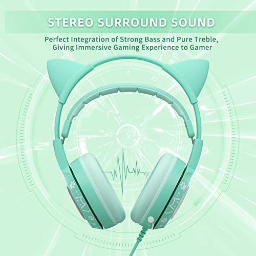 SOMIC G951S Green Gaming Headset with Microphone for PS4, PS5, Xbox One, PC, Cat Ear Headphones Over Ear with in-Line Mic Control, Stereo Sound for Girls, Woman - color: Green