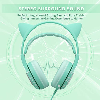 SOMIC G951S Green Gaming Headset with Microphone for PS4, PS5, Xbox One, PC, Cat Ear Headphones Over Ear with in-Line Mic Control, Stereo Sound for Girls, Woman - color: Green