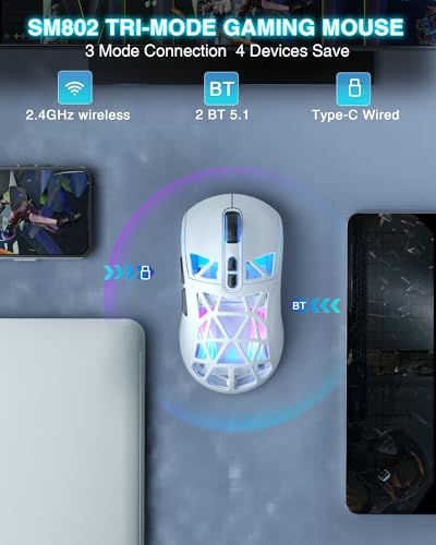 SOLAKAKA SM802 White Wireless Gaming Mouse,10000 DPI,Tri-Mode Wired/BT 5.0/2.4GHz Wireless Mouse Gaming with Side Button,RGB Programmable Macro Mouse for Laptop - color: 1-white, size: SM802