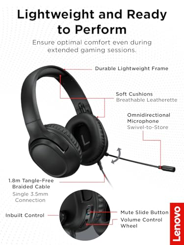 Lenovo H110 Wired Gaming Headset - 3.5mm Connection, Omni-Directional Microphone, Breathable Ear Cups, Built-in Volume Wheel - Black - style: H110