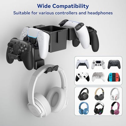 KDD 3 in1 Controller Headphone Wall Mount - Universal Gaming Controller Organizer Stand with Storage Box - Gamepad Hanger Fits Xbox Series X/S, PS4, PS5, Switch, Steam, Video Game Accessories
