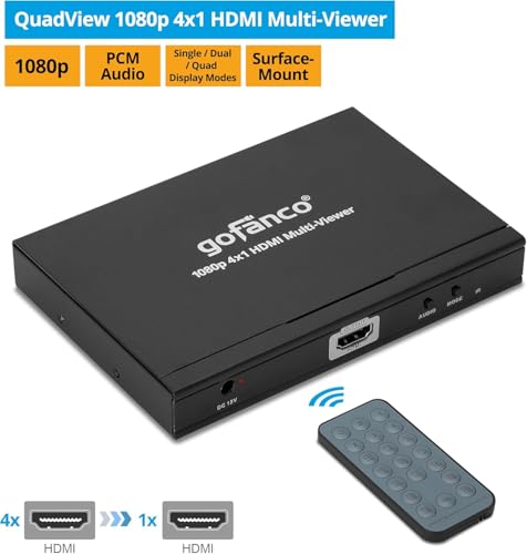 gofanco 1080p 4x1 HDMI Multi Viewer (QuadView) | View 4 HDMI Sources on 1 Screen, 1080p Quad/Dual/Single Modes, IR Remote, Ideal for Security, Gaming & Monitoring QuadView - size: 1080p 4 in 1 out, QuadView
