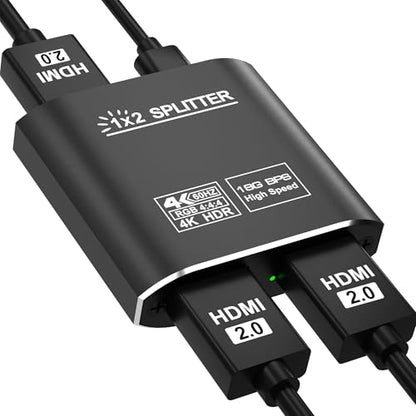 HDMI Splitter 1 in 2 Out, HDMI 2.0b 18Gbps 4K@60Hz HDR10 HDCP 2.2,Splitter for Dual Monitors Support EDID Management, for Laptops/Fire Stick/PS5/Xbox/TV Box/Roku/PC/Monitor(1 Source to 2 Displays)