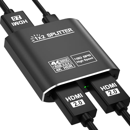 HDMI Splitter 1 in 2 Out, HDMI 2.0b 18Gbps 4K@60Hz HDR10 HDCP 2.2,Splitter for Dual Monitors Support EDID Management, for Laptops/Fire Stick/PS5/Xbox/TV Box/Roku/PC/Monitor(1 Source to 2 Displays)