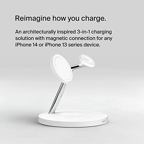 Belkin MagSafe 3 in 1 Wireless Charging Stand, 2nd Gen, 33% Faster | Apple Watch, iPhone 16/15/14, AirPods compatible, multi-device charging station, faster charging, Magnetic - color: White, style: Chrome Finish
