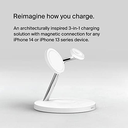 Belkin MagSafe 3 in 1 Wireless Charging Stand, 2nd Gen, 33% Faster | Apple Watch, iPhone 16/15/14, AirPods compatible, multi-device charging station, faster charging, Magnetic - color: White, style: Chrome Finish