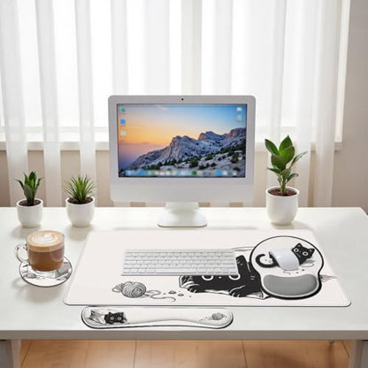 Black Cat Desk Mat Set Cute Cartoon Funny Large Mouse Pad with Wrist Rest 4-in-1 Desk Mat for Desktop Ergonomic Computer Desk Arm Wrist Anti-Slip Computer Ergonomic Mouse Pad Home Office Gaming - color: Cute Cartoon Black Cat, size: 34.5" x 15.7"
