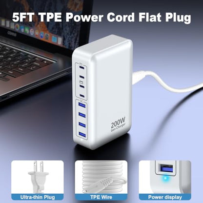 USB C Charger 200W Charger Block, 8-Ports Gan Fast Charging Station Hub, PD 65W Laptop Charging Adapter Compatible with MacBook Pro/Air, DELL, Steam Deck, iPhone 17/16/15/14, Galaxy (White) - color: White