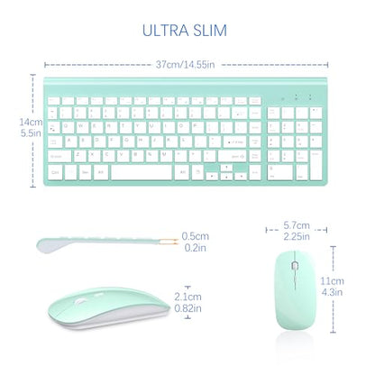 Wireless Keyboard and Mouse Ultra Slim Combo, TopMate 2.4G Silent Compact USB 2400DPI Mouse and Scissor Switch Keyboard Set with Cover, Batteries Included, for PC/Laptop/Windows/Mac - Mint Green - color: Mint Green