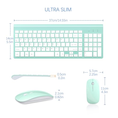 Wireless Keyboard and Mouse Ultra Slim Combo, TopMate 2.4G Silent Compact USB 2400DPI Mouse and Scissor Switch Keyboard Set with Cover, Batteries Included, for PC/Laptop/Windows/Mac - Mint Green - color: Mint Green