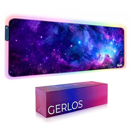 Gerlos RGB Gaming Mouse Pad, Large LED Desk Mat, 31.5 x 11.8 Inch | 12 light modes, non-slip base, water-resistant surface, stitched edges - color: Cosmic Glow