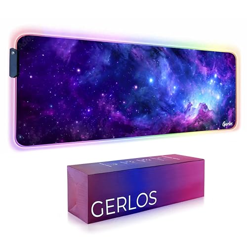 Gerlos RGB Gaming Mouse Pad, Large LED Desk Mat, 31.5 x 11.8 Inch | 12 light modes, non-slip base, water-resistant surface, stitched edges - color: Cosmic Glow