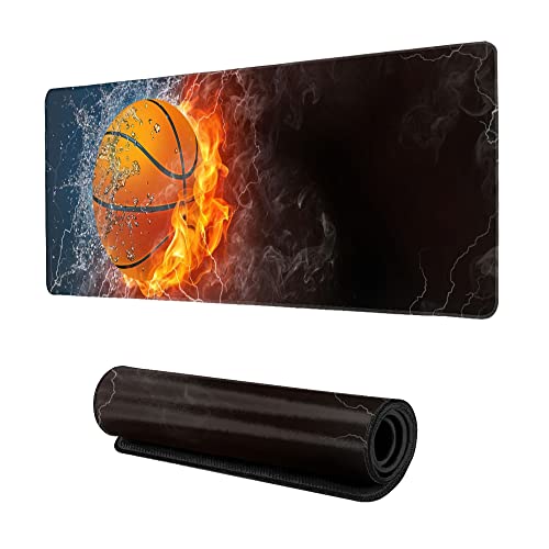 Desk Mat,Basketball Fire and Water Gaming Mouse Pad,XXL Extended Mouse Pad Mat for Office,Computer,Keyboard with Non-Slip Base Stitched Eges Mousepad 35''×15.7''×0.12'' - color: Basketball Fire and Water
