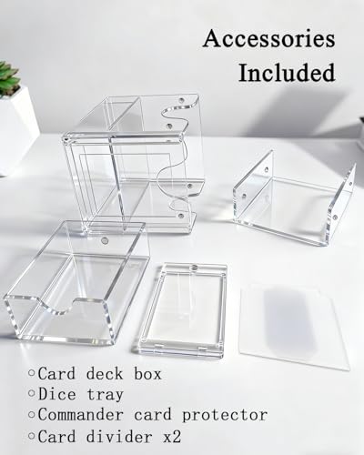 Card Deck Box Compatible with MTG Commander Acrylic Commander Deck Box with Commander Card Display - Holding 100 Double Sleeved Cards Dice Tray 2 Dividers - Clear