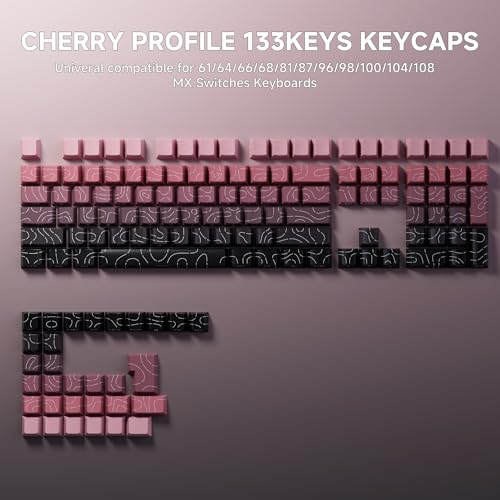 FunHub Shine Through PBT Keycaps - Pink Side Printed DoubleShot Keycaps Set 133 Keys 60 65 75 100 Percent Cherry Profile,Gradient Topographic RGB Backlit Key Caps for MX Full Size Mechanial Keyboards - color: Pink