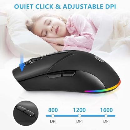 Wireless Mouse, Bluetooth Rechargeable Mouse, Dual Mode BT 5.2 + 2.4G USB Silent Wireless Bluetooth Mouse, RGB Ergonomic Design, 3-Level Adjustable DPI Mouse for Laptop, PC, Mac, Ipad, Black - color: Black