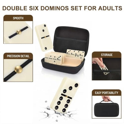 Dominos Set for Adults Double 6 Dominoes Set Domino Game with 4 Wooden Racks and Carrying Case 28 Tiles Classic Family Board Games Portable Travel Game