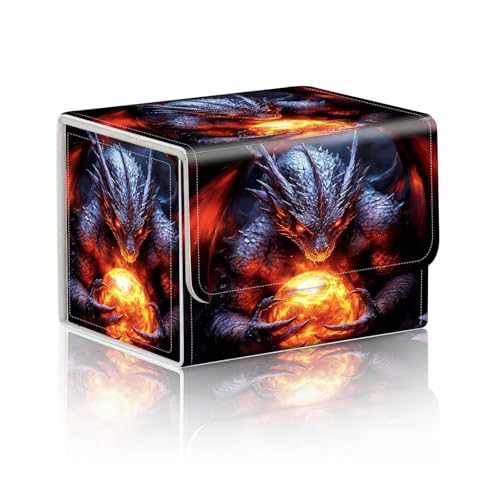 Trading Card Storage Box, Holds 100+ for MTG Cards, Premium PU Leather with Magnetic Closure, Dragon Holding Fiery Sphere Durable Deck Box for Magic the Gathering, Trading Card Games - color: Dragon Holding Fiery Sphere