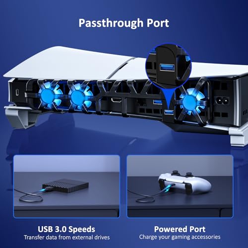 NexiGo PS5 Slim Horizontal Stand with Silent Enhanced Cooling Fan, Adjustable Speed, [Low Noise], [Auto Power On/Off], USB 3.0 Port, Built-in LED Light, for Both Disc and Digital Editions - color: White, style: Stand with Cooling Fans