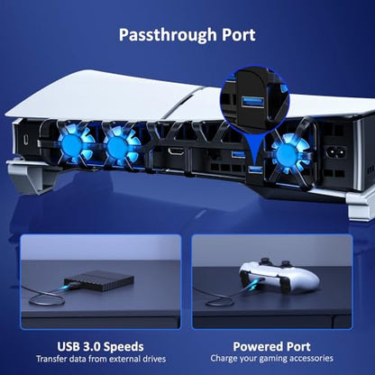 NexiGo PS5 Slim Horizontal Stand with Silent Enhanced Cooling Fan, Adjustable Speed, [Low Noise], [Auto Power On/Off], USB 3.0 Port, Built-in LED Light, for Both Disc and Digital Editions - color: White, style: Stand with Cooling Fans