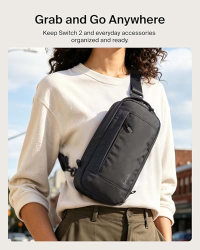 Belkin Nintendo Switch 2 Carrying Case, Sling Crossbody Travel Bag | Lightweight crossbody travel bag with stowable crossbody strap, soft interior, fits 2 Pro Controllers and 10 game card slots - color: Black