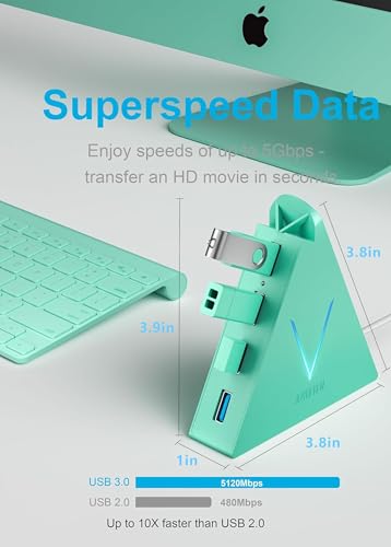 USB 3.0 Hub,4 Port USB Hub Tower,2ft Cable USB Splitter for PC, Xbox One, PS4, PS5, iMac, Surface Pro, XPS, Laptop, Desktop, Flash Drive, Mobile HDD (Green) - color: Green-A
