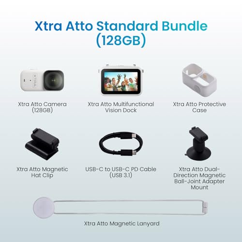 Xtra Atto Wearable 4K Action Camera (128GB), 54 g, Light and Compact, 1/1.3″ Sensor, 4K/60fps Video, 220‑Min Max Recording, 5-Min Pre-Recording, Built-in Stabilization, 600MB/s Fast Transfer