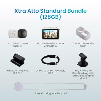 Xtra Atto Wearable 4K Action Camera (128GB), 54 g, Light and Compact, 1/1.3″ Sensor, 4K/60fps Video, 220‑Min Max Recording, 5-Min Pre-Recording, Built-in Stabilization, 600MB/s Fast Transfer