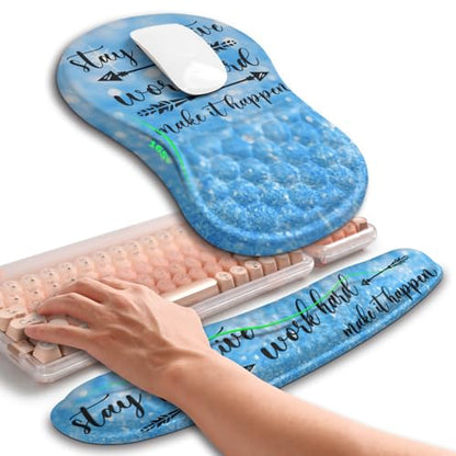 Hokafenle 2in1 Combination, Wave Keyboard Wrist Rest and Ergonomic Curvature Mouse Pad Wrist Support for Relieve Wrist Pain, Filled with Soft Cushion Memory Foam, Stay Positive - color: Stay Positive