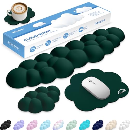 Cloud Wrist Rest Keyboard Cushion and Cloud Mouse Pad, Dark Green | 4-in-1 Ergonomic Cloud Keyboard Wrist Rest Set, Memory Foam, Arm Support for Palm, Cute Desk Accessory for PC Gaming Setup - color: 11 Dark Green, size: Tenkeyless