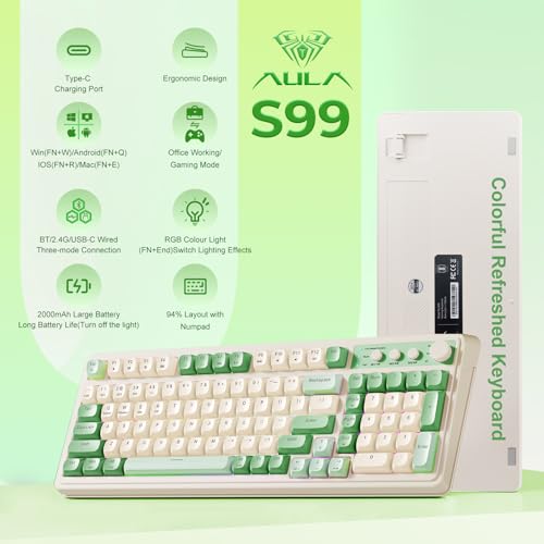 AULA S99 Gaming Keyboard, Wireless Green Creamy Computer Keyboards | Tri-Mode Bluetooth/2.4GHz/USB-C Membrane Keyboard with Number Pad,99Keys,RGB Backlit,Programmable,Creamy Silicone Structure - color: Green & Beige