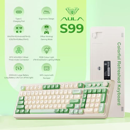 AULA S99 Gaming Keyboard, Wireless Green Creamy Computer Keyboards | Tri-Mode Bluetooth/2.4GHz/USB-C Membrane Keyboard with Number Pad,99Keys,RGB Backlit,Programmable,Creamy Silicone Structure - color: Green & Beige
