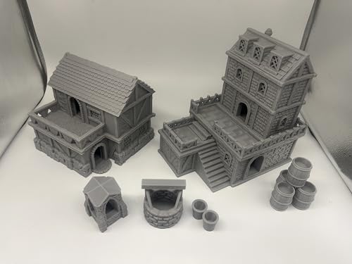 HAUTICO Middle Ages Medieval Town Buildings Terrain Set for Miniatures Tabletop Campaigns, Hobby Building, Diorama Kits, 3D Printed and Paintable, Gift for Tabletop Hobby Enthusiasts (18mm)