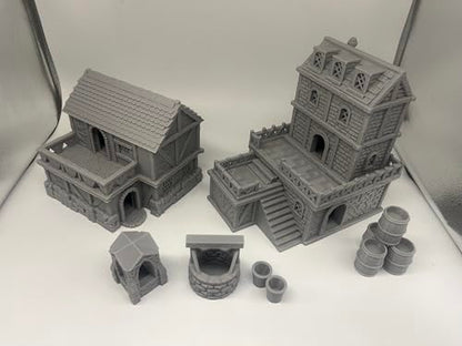 HAUTICO Middle Ages Medieval Town Buildings Terrain Set for Miniatures Tabletop Campaigns, Hobby Building, Diorama Kits, 3D Printed and Paintable, Gift for Tabletop Hobby Enthusiasts (18mm)