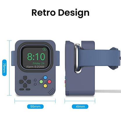 Delidigi Silicone Charger Stand Dock for Apple Watch All Series | Ultra3/Ultra2/Ultra/11/10/9/8/7/6/5/4/3/SE3/SE2/SE1, Retro Game Console Design, Cable Management, Support Nightstand Mode - color: Midnight Blue