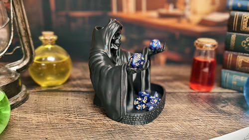 MunnyGrubbers - Grim Reaper Dice Tower - Original Design - (Random 7PCS D20 Dice Set Included) - Tabletop Roleplaying Game - Dice Roller - Dungeons and Dragons - DND - D&D - (Black)