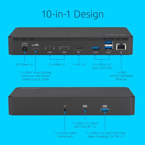 Kensington SD3210U3 USB-C® 10Gbps Triple Video Driverless Dock 100W PD - DP/HDMI - Windows, Supporting Thunderbolt™ 5, Thunderbolt™ 4, USB4®, and USB-C® Alt Mode laptops with up to three 4K (K32802NA)