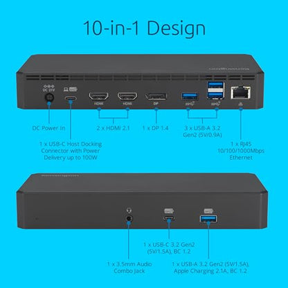 Kensington SD3210U3 USB-C® 10Gbps Triple Video Driverless Dock 100W PD - DP/HDMI - Windows, Supporting Thunderbolt™ 5, Thunderbolt™ 4, USB4®, and USB-C® Alt Mode laptops with up to three 4K (K32802NA)