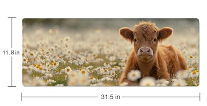 Gaming Mouse Pad Large,Cute Highland Cow on Daisy Mouse Pad Gaming Mouse Mat Desk Pad,31.5 x 11.8 Desk Mat Mouse Pads for Desk,Extended Keyboard Mousepad with Non-Slip Base and Stitched Edge - color: Cute Highland Cow on Daisy