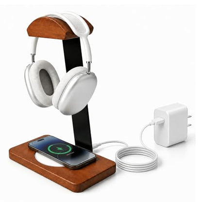 Wooden Headphone Stand with Wireless Charger Pad Nice Gift of Friends-White | Wide Curved Rest Compatible with Beats,Bose,Sony Accessories, Bedside Table, Gaming Setup, Office Organizer for Walnut Desk - color: White