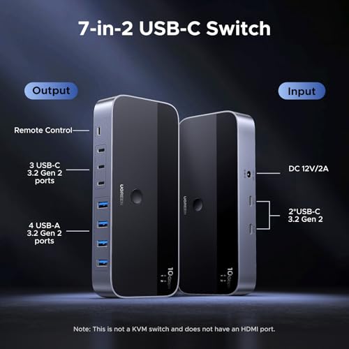UGREEN 2-in 7-Out USB 3.2 Switch, 10 Gbps Switcher for A or C Computers Sharing All Devices(4 A+3 C) Keyboard Mouse Switch with Type C Converter Adapter,Power Adapter