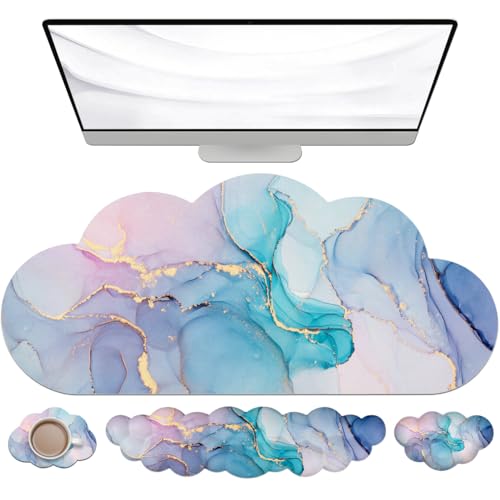 JIKIOU Ergonomic Keyboard Wrist Rest &Large Mouse Pad&Mouse Wrist & Cup Pad | Cute Cloud Shape, 4 in 1 Memory Foam Desk Mat, Ultra-smooth Surface, Savior of Wrist Pain, Anti-slip Rubber Base, Waterproof - color: 06Marble Blue