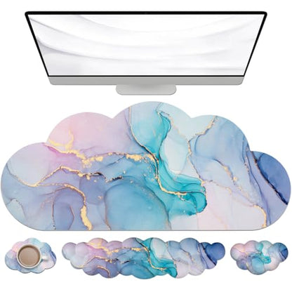 JIKIOU Ergonomic Keyboard Wrist Rest &Large Mouse Pad&Mouse Wrist & Cup Pad | Cute Cloud Shape, 4 in 1 Memory Foam Desk Mat, Ultra-smooth Surface, Savior of Wrist Pain, Anti-slip Rubber Base, Waterproof - color: 06Marble Blue